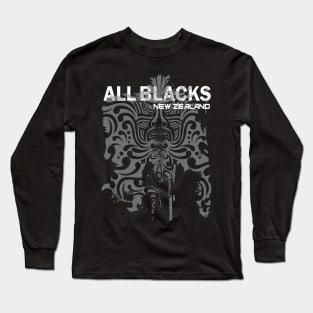 All Blacks Rugby New Zealand Grey Maori Tattoo Warrior Mask Long Sleeve T-Shirt